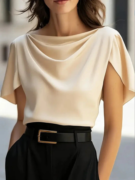 Effortless Satin Blouse for Women with Cowl Neck Flutter Sleeve Relaxed Flowing Style