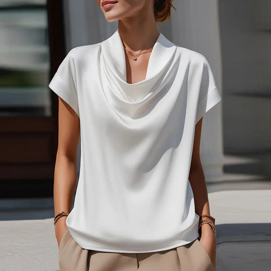 Elegant Satin Blouse for Women with Cowl Neck Short Sleeve Relaxed Silky Style