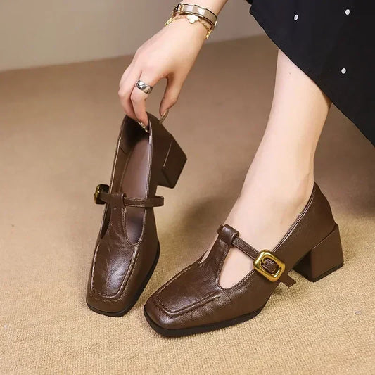 Elegant Leather Mary Jane Pumps for Women with Square Toe T Strap Buckle Block Heel Style