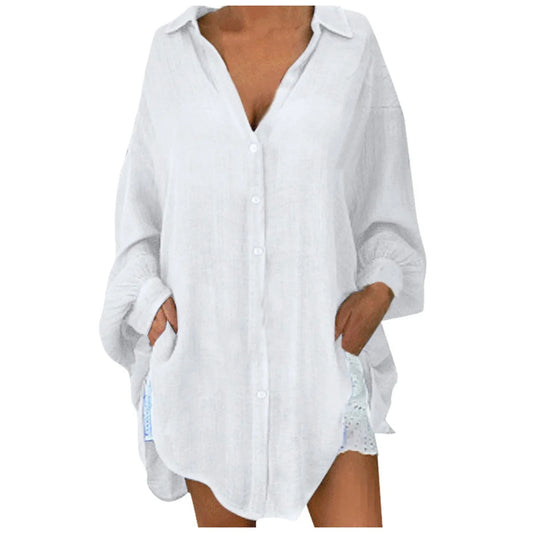 Effortless Linen Blouse for Women with Collar Long Sleeve Button Front Relaxed Style