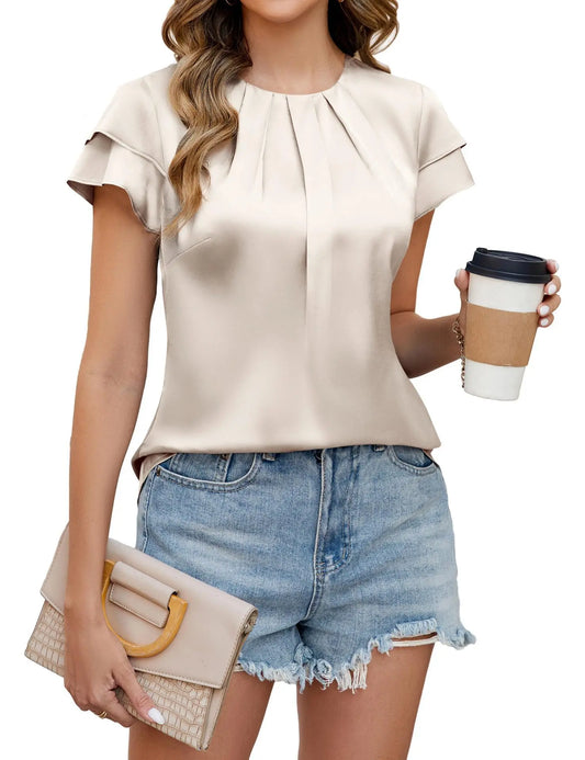 Elegant Satin Blouse for Women with Round Neck Flutter Sleeve Pleated Relaxed Silky Style