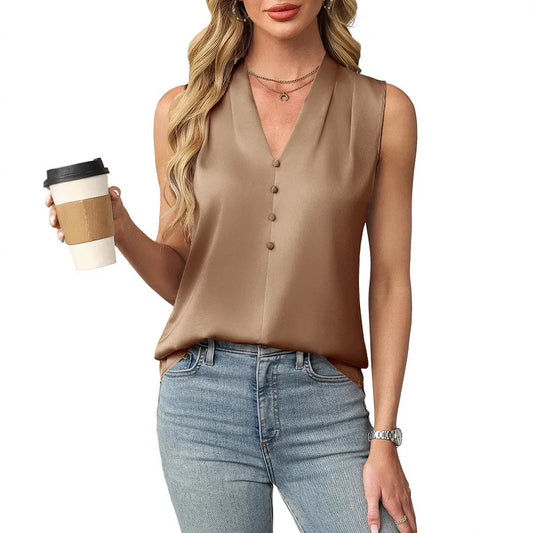 Elegant Satin Blouse for Women with V Neck Sleeveless Button Front Relaxed Silky Style
