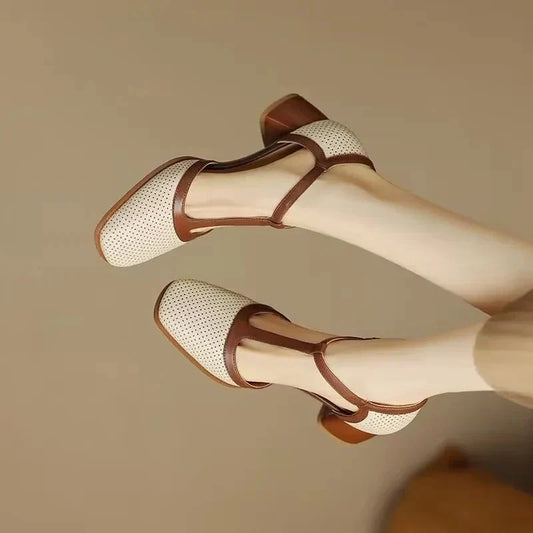 Elegant Perforated Leather Mary Jane Sandal for Women with Square Toe T Strap Block Heel Style