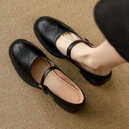 Comfortable Leather Mary Jane Flats for Women with Round Toe Buckle Strap Block Heel Vintage Style