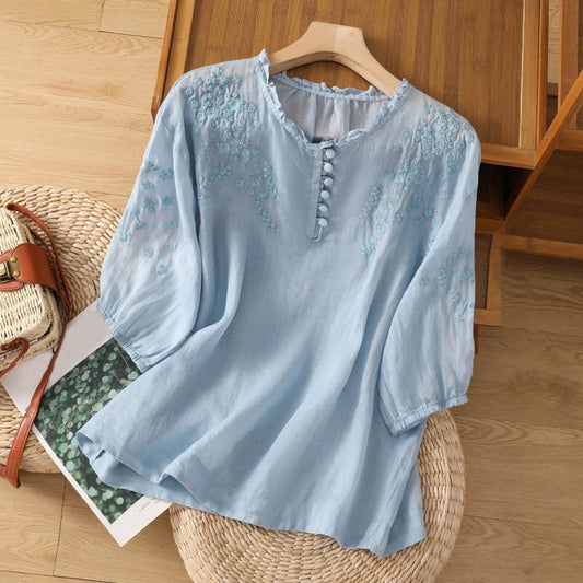 Effortless Floral Embroidered Linen Blouse for Women with Ruffled Neck Elbow Sleeve Relaxed Bohemian Style