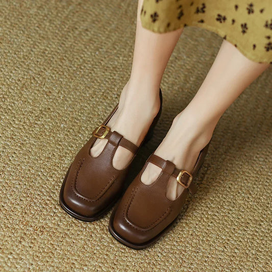 Elegant Leather Mary Jane Shoes for Women with T Strap Buckle Block Heel Vintage Style