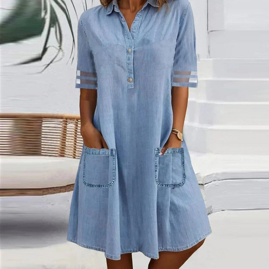Elegant Blue Denim Midi Dress for Women with Collar Half Sleeve Button Front Pocket Casual Style
