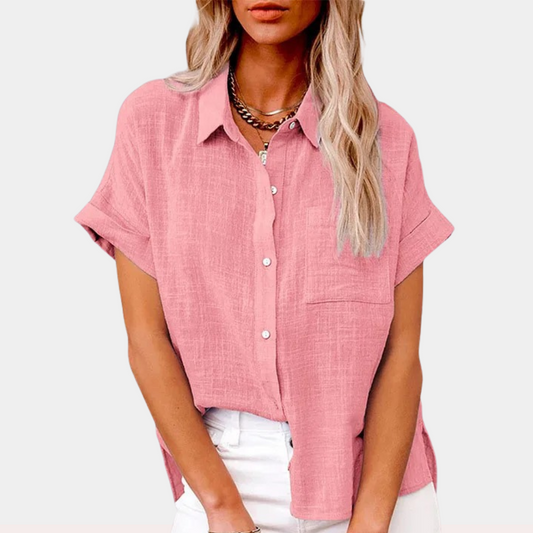 Effortless Linen Blouse for Women with Collar Short Sleeve Button Front Relaxed High Low Style