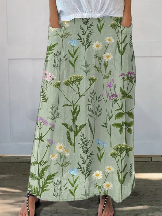 Effortless Green Wildflower Maxi Skirt for Women with High Waist A Line Flowing Bohemian Style