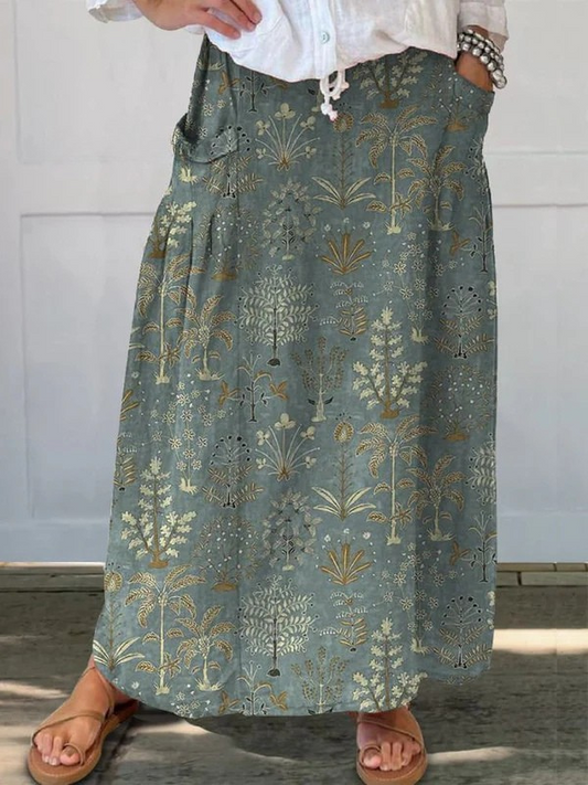 Effortless Dark Green Botanical Maxi Skirt for Women with Drawstring Waist Side Pocket Flowing Bohemian Style