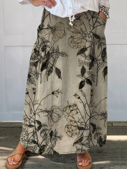 Effortless Khaki Floral Maxi Skirt for Women with High Waist Drawstring Relaxed Flowing Bohemian Style