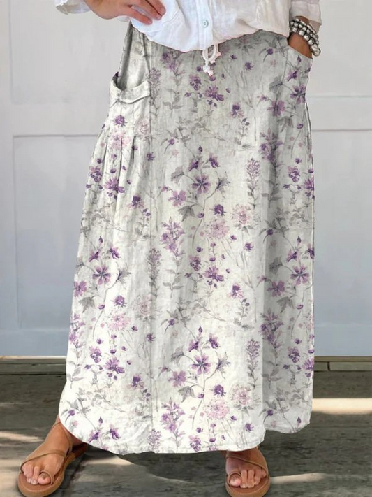 Elegant White Floral Maxi Skirt for Women with Elastic Waist Drawstring Pocket Flowing Style