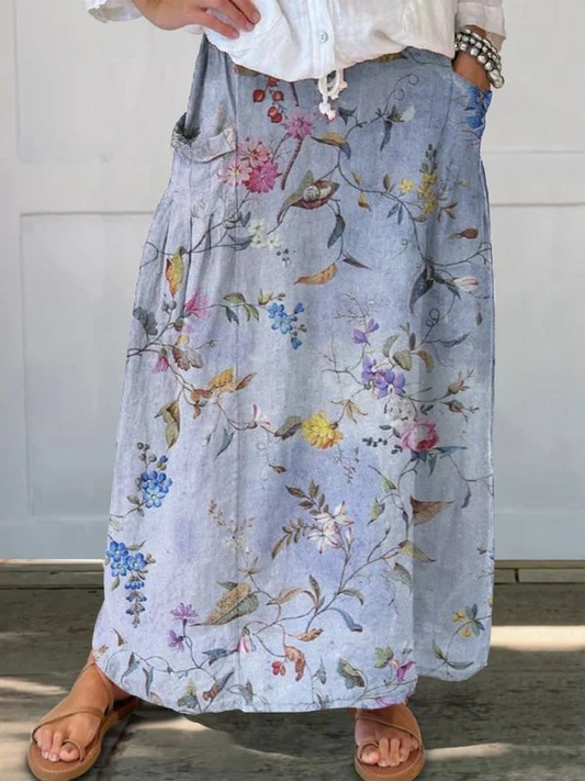 Elegant Violet Floral Maxi Skirt for Women with Drawstring Waist A Line Flowing Bohemian Style
