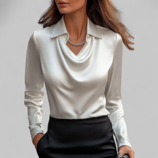 Elegant Satin Blouse for Women with Cowl Neck Collar Long Sleeve Draped Silky Style