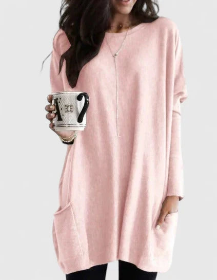 Comfortable Tunic Sweater for Women with Crew Neck Long Sleeve Relaxed Pocket Oversized Knit Style