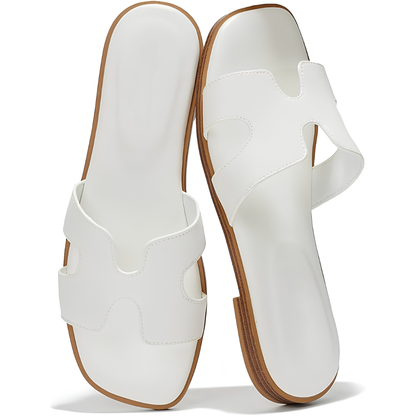 Comfortable Leather Sandals for Women with Cutout Strap Square Toe Flat Slide Style