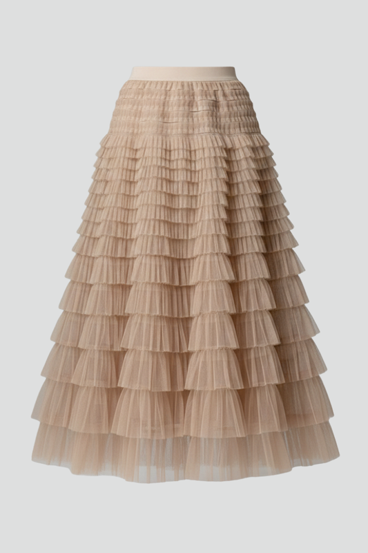 Elegant Midi Skirt for Women with Elastic High Waist Layered Tiered Tulle Ruffle Formal Casual Style