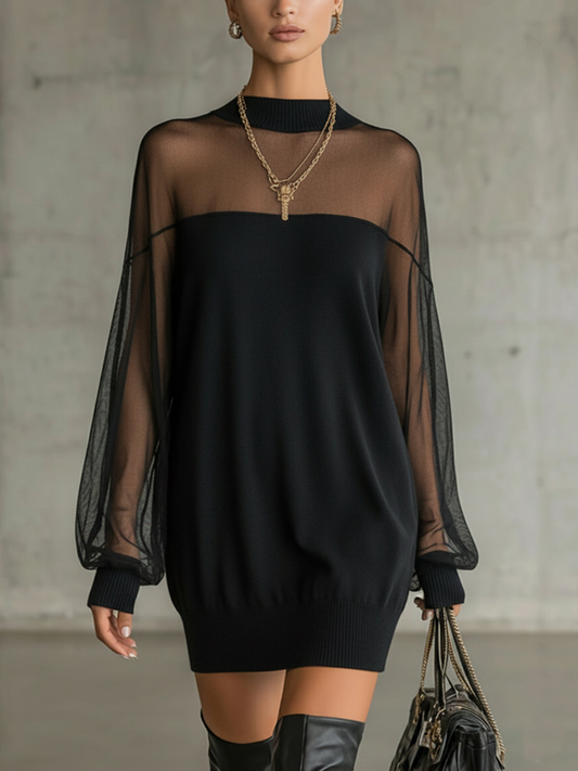 Elegant Black Mini Dress for Women with Sheer Mesh Sleeves and Mock Neck