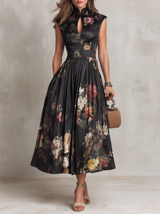 Elegant Black Floral Midi Dress for Women with Mandarin Collar Cap Sleeve Keyhole Pleated Skirt Style