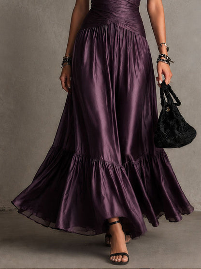 Elegant Purple Satin Maxi Dress for Women with Halter V-Neck Formal Wedding Guest Style
