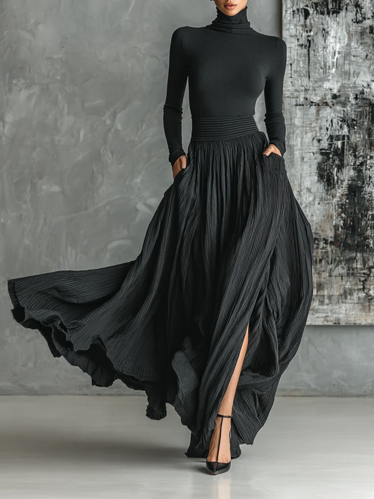 Elegant Black Pleated Maxi Skirt Set for Women with Turtleneck Long Sleeve High Slit Two Piece Style