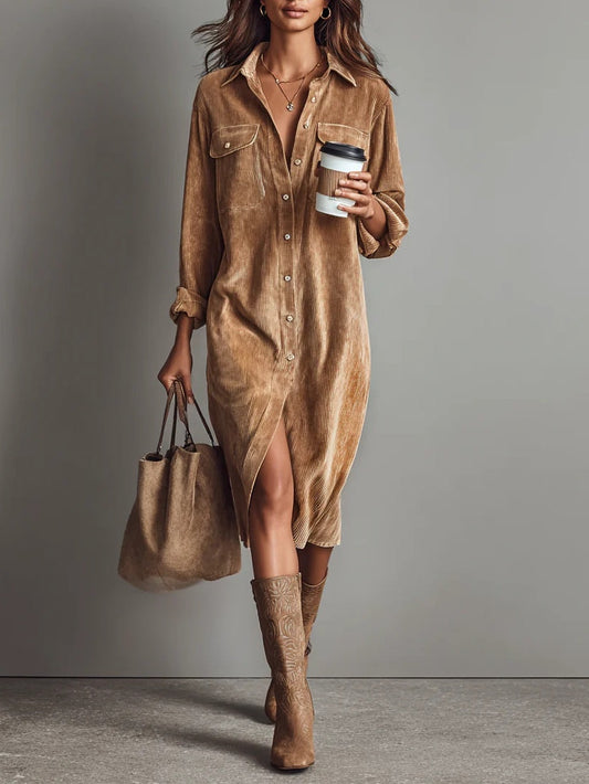 Elegant Corduroy Shirt Dress for Women with Collar Long Sleeve Button Front Side Slit Style