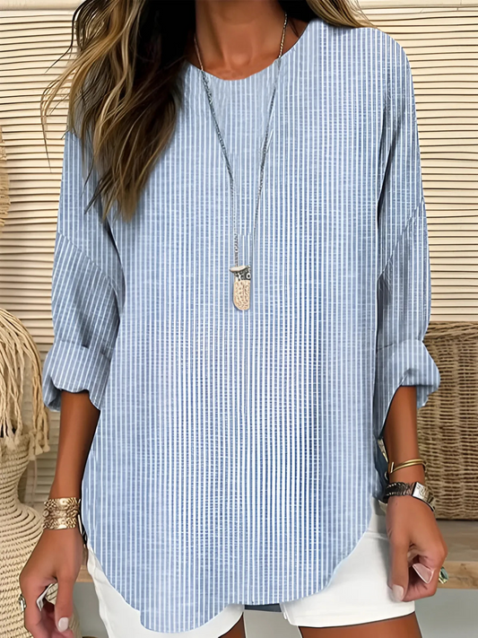 Effortless Striped Tunic Blouse for Women with V Neck Bell Sleeve Relaxed Curved Hem Style