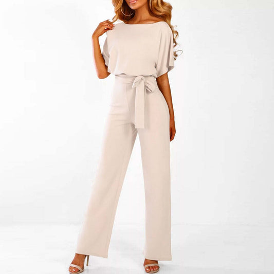 Elegant Belted Jumpsuit for Women with Boat Neck Batwing Sleeve Wide Leg Cocktail Style