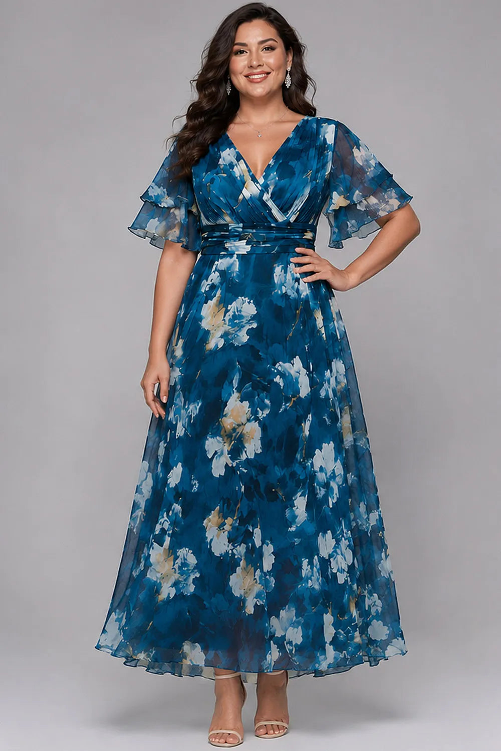 Flycurvy Plus Size Wedding Guest Blue Chiffon Floral Print Wrap Layered Flutter Sleeve Maxi Dress