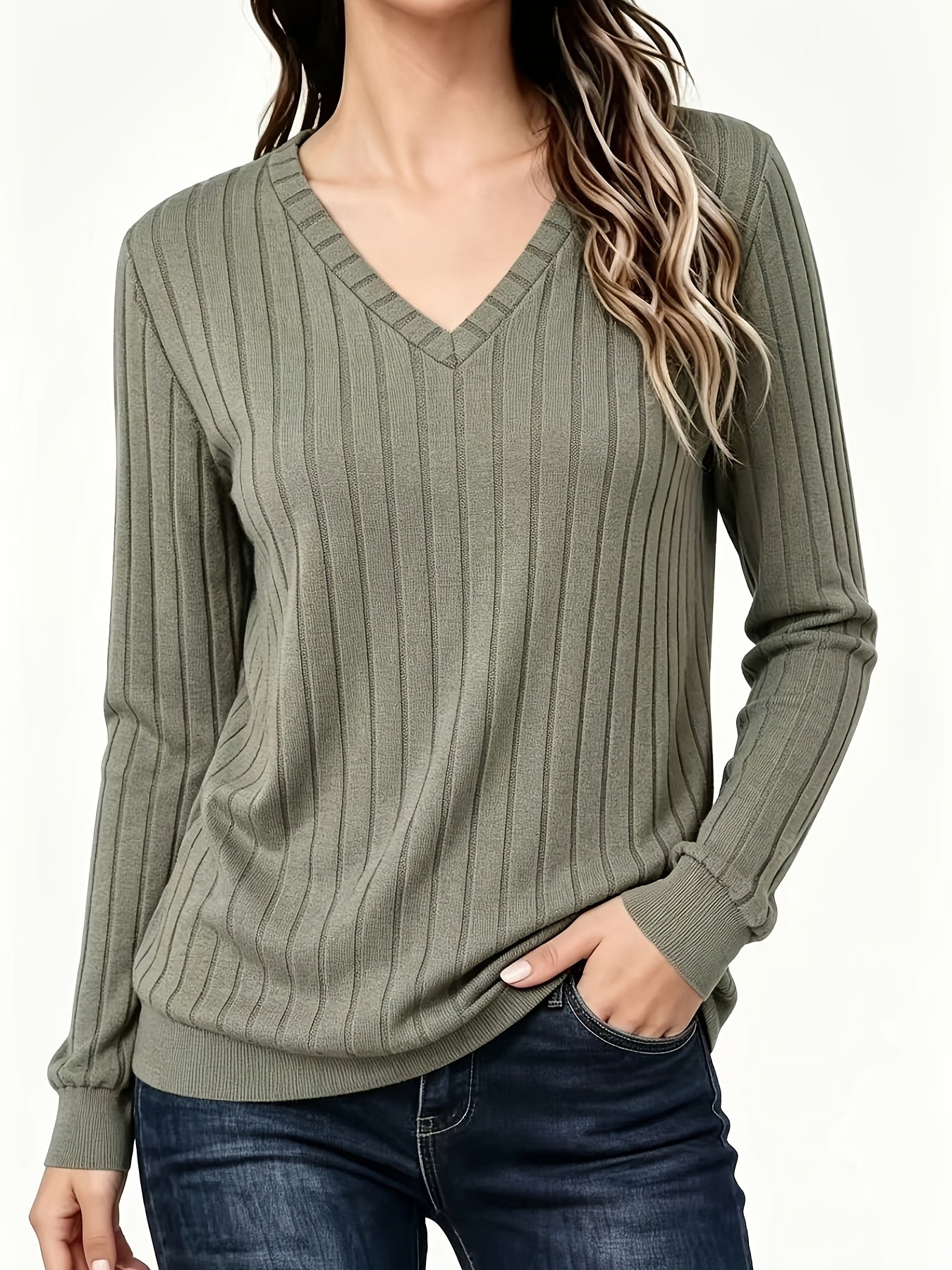 Autumn And Winter Solid Color Loose Women'S V-Neck Long Sleeve Ribbed Brushed T-Shirt Top