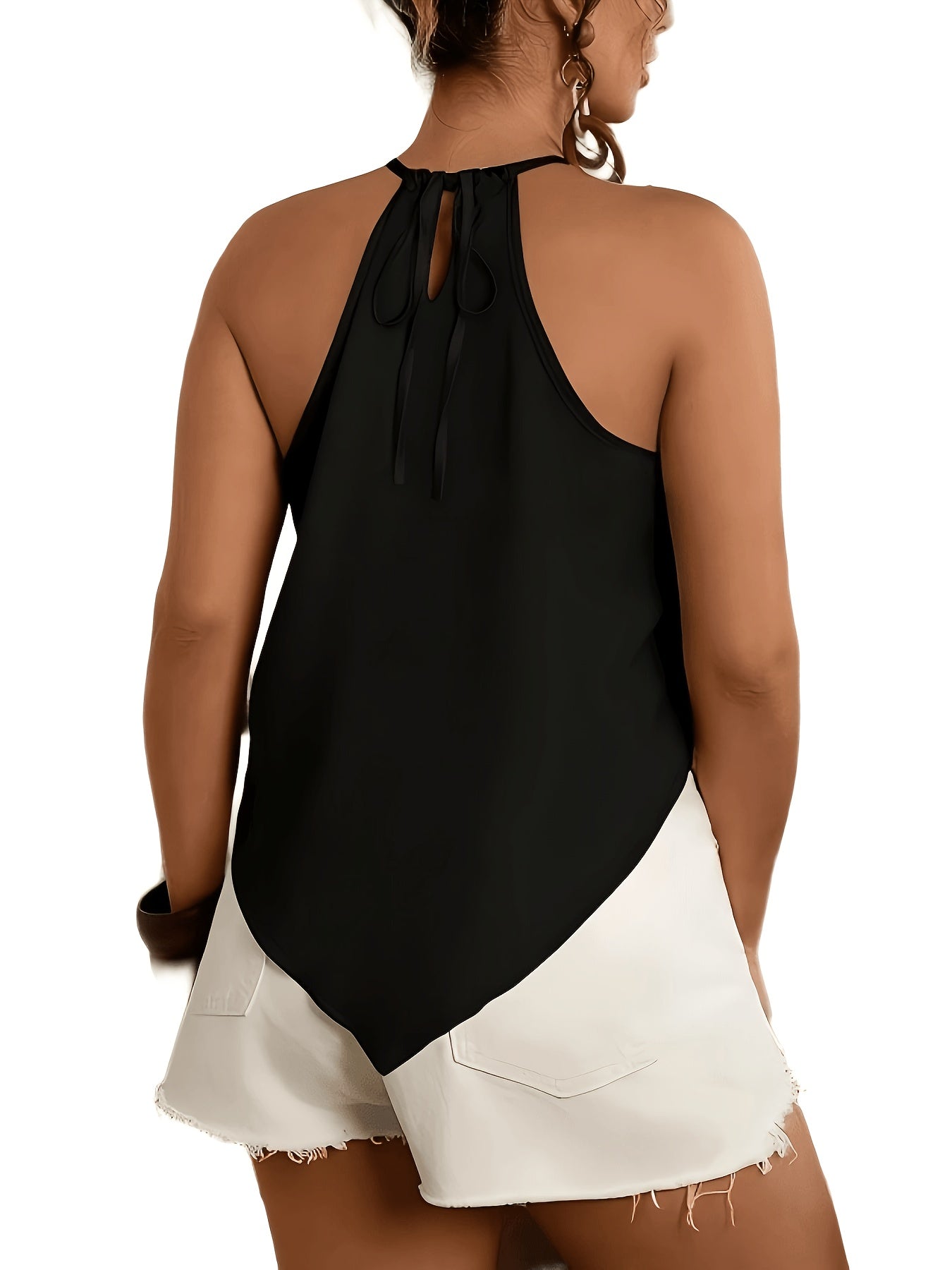 Women'S Fashion Asymmetrical Hem Tie-Neck Sleeveless Blouse, Suitable for Spring And Summer Wear