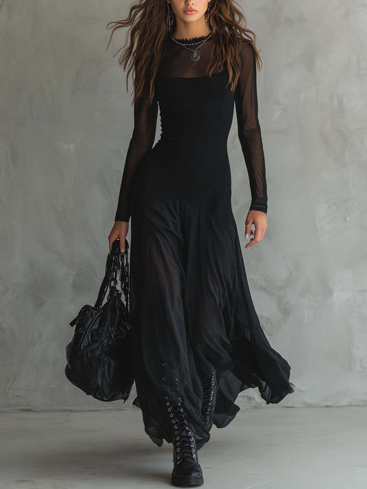 Elegant Black Mesh Maxi Dress for Women with Illusion Neck Long Sleeve Flowing Tiered Gothic Style