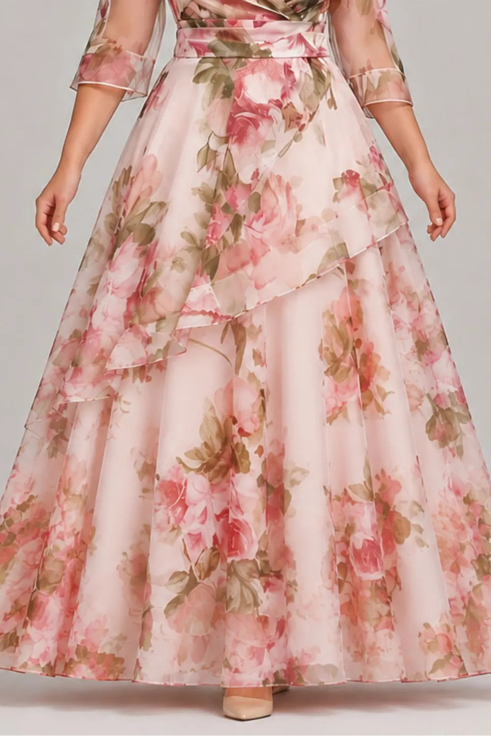 Flycurvy Plus Size Wedding Guest Pink Organza Floral Print Wrap 3/4 Sleeve Layered Asymmetrical Hem Maxi Dress