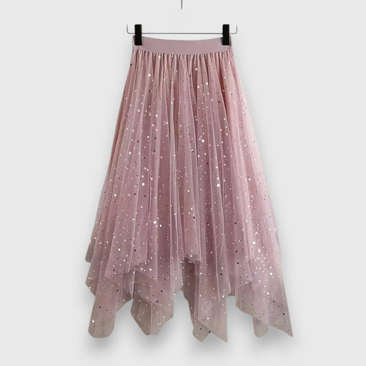 Elegant Midi Skirt for Women with Elastic High Waist Sparkle Tulle Asymmetric Handkerchief Hem Casual Style