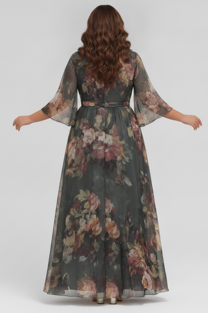 Flycurvy Plus Size Wedding Guest Dusty Green Chiffon Floral Print Wrap Flutter Sleeve Maxi Dress
