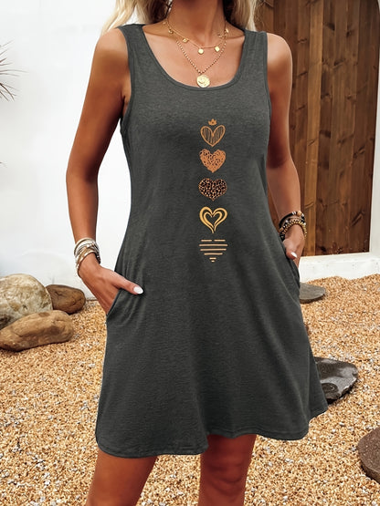 This Is a Women'S Elegant Summer Dress Featuring a Easy Heart Pattern Print. It Is Made of Stretchy Fabric, Suitable for Spring, Summer, And Autumn. The Dress Is Soft, Comfortable, Lightweight, Machine Washable, And Perfect for Year-Round Wear