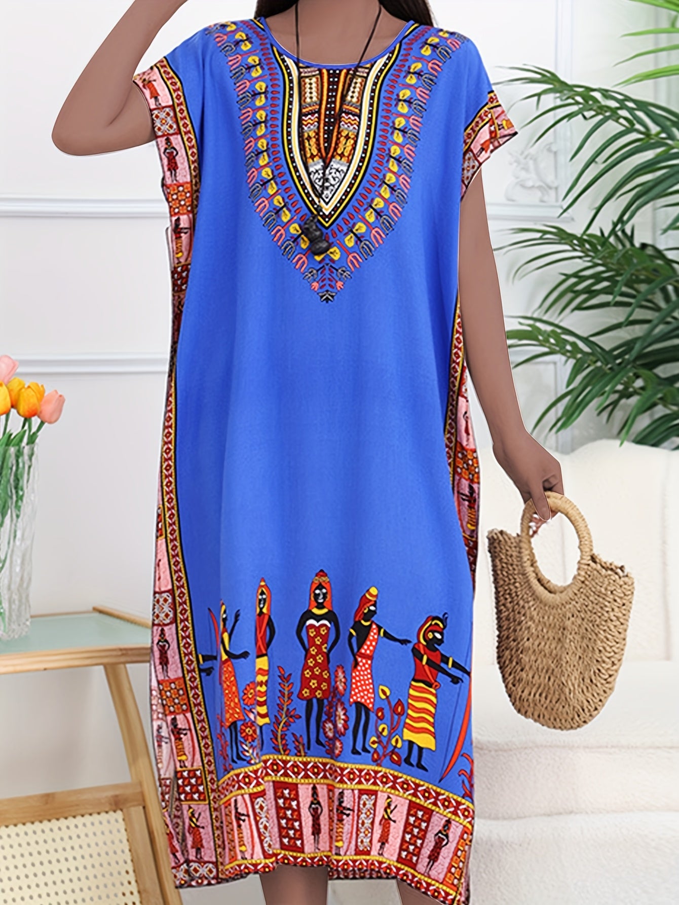 Ethnic Style Dress Summer New Bohemian Style Vacation Batwing Sleeve Dress Loose Beach Dress