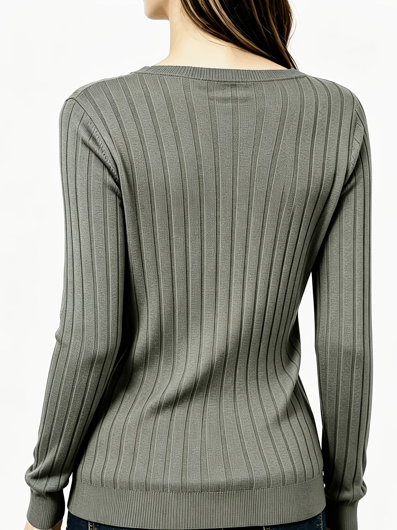 Autumn And Winter Solid Color Loose Women'S V-Neck Long Sleeve Ribbed Brushed T-Shirt Top