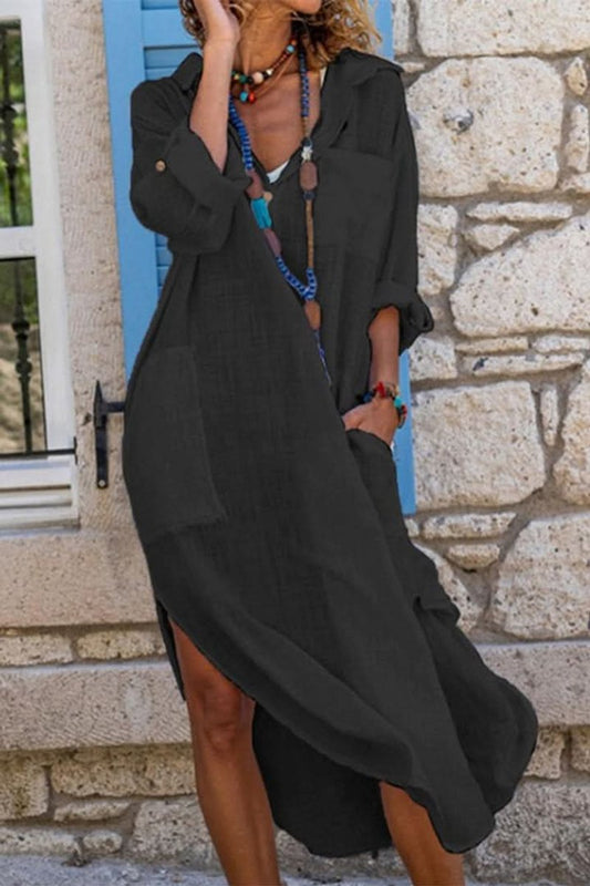Effortless Linen Shirt Dress for Women with Collar Long Sleeve Button Front High Low Bohemian Style