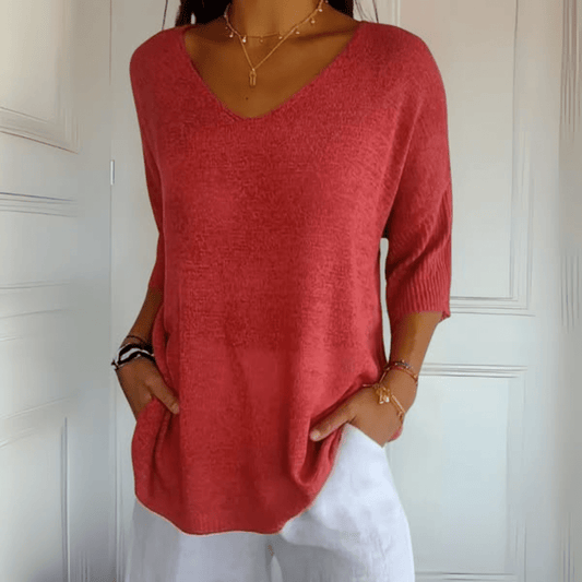 Comfortable Slub Knit Tunic for Women with V Neck Elbow Sleeve Relaxed Oversized Style