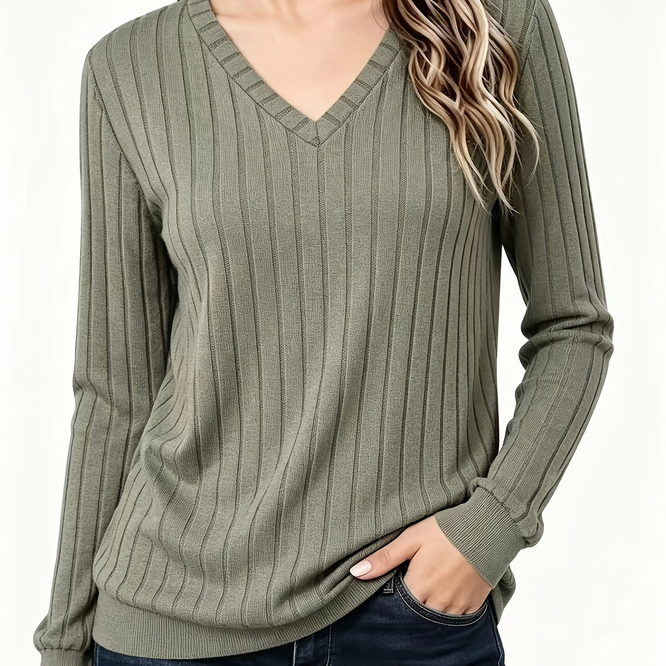 Autumn And Winter Solid Color Loose Women'S V-Neck Long Sleeve Ribbed Brushed T-Shirt Top