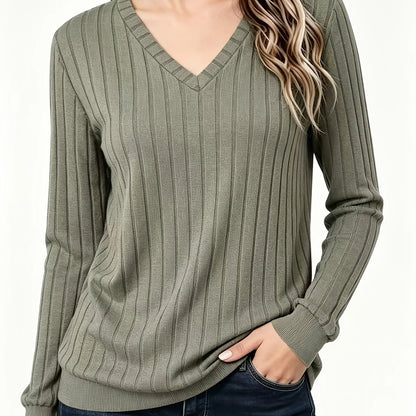 Autumn And Winter Solid Color Loose Women'S V-Neck Long Sleeve Ribbed Brushed T-Shirt Top