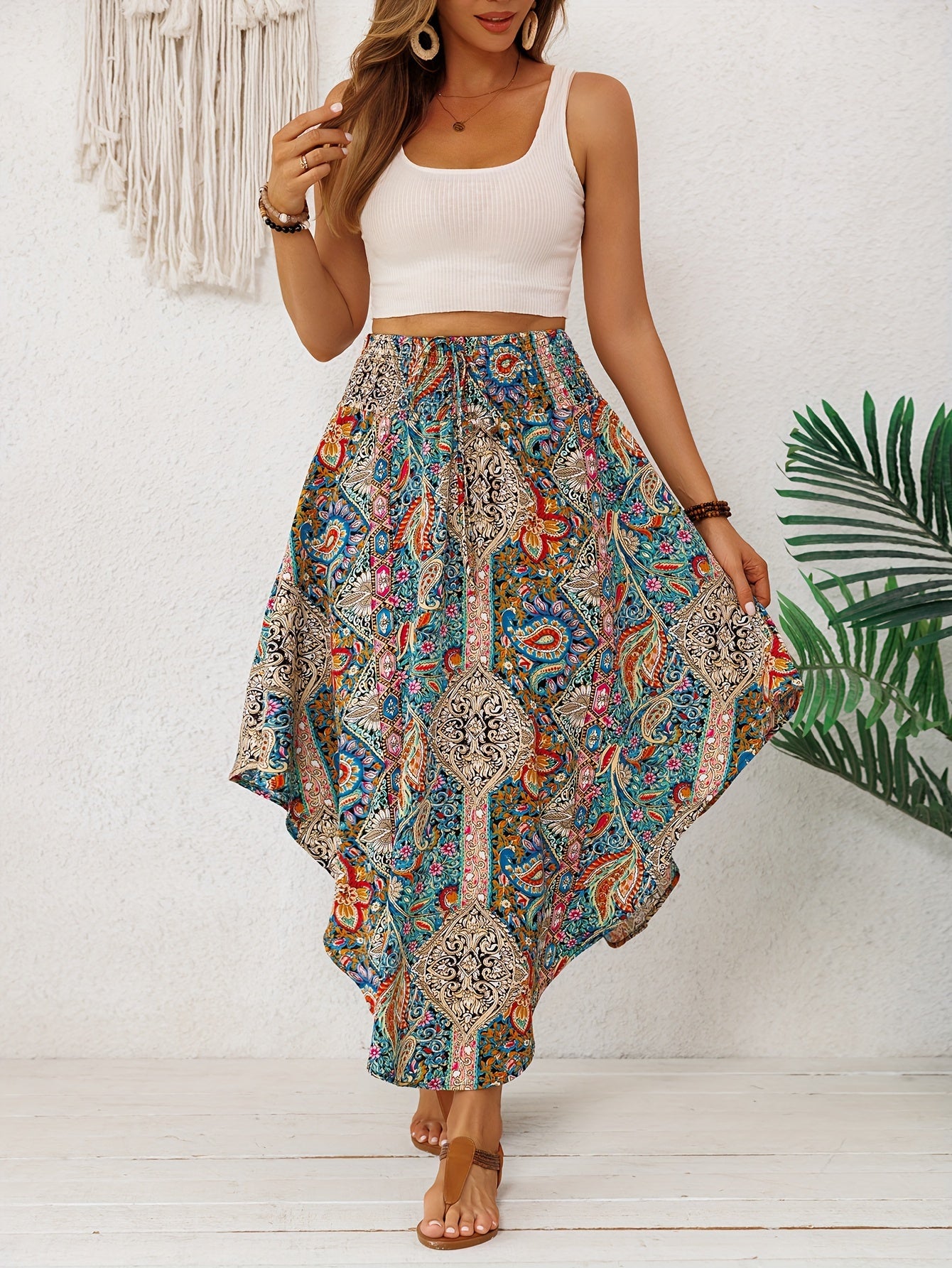 2026 Spring/Summer Bohemian Print Midi Skirt for Women, Elastic High Waist, Irregular Curved Hem, Flared Midi Dress, Vintage Ethnic Style, Vacation,, Flowy, Beach, Casual Skirt