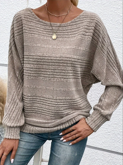 Specially Developed Fashionable Casual Ribbed Loose-fit Crewneck Batwing Sleeve Y Pullover Top for Women