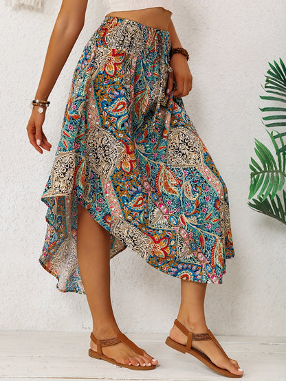 2026 Spring/Summer Bohemian Print Midi Skirt for Women, Elastic High Waist, Irregular Curved Hem, Flared Midi Dress, Vintage Ethnic Style, Vacation,, Flowy, Beach, Casual Skirt