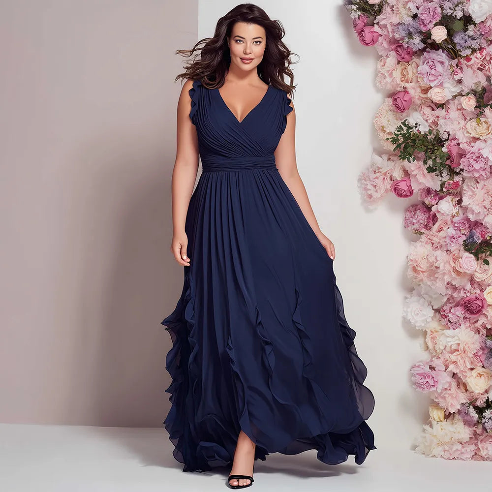 Flycurvy Plus Size Wedding Guest Navy Blue Chiffon Wrap Ruffle Sleeve And Hem Maxi Dress