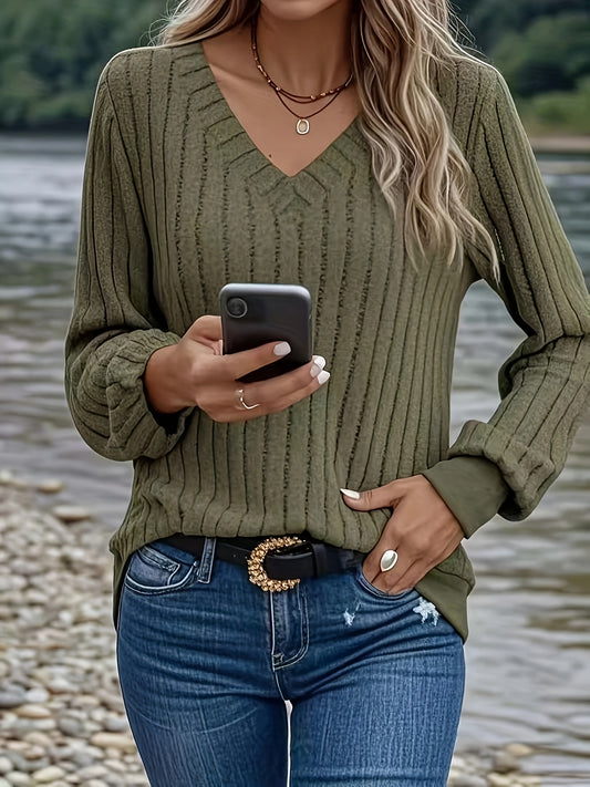 Comfortable Ribbed Knit Sweater for Women with V Neck Long Sleeve Relaxed Oversized Style