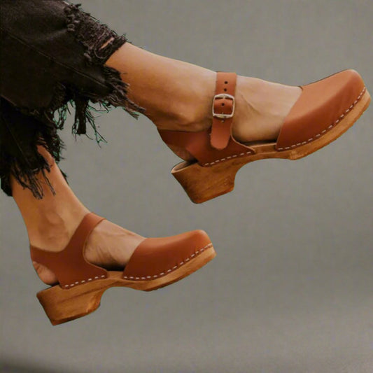Effortless Leather Clog Sandal for Women with Buckle Strap Wooden Heel Mary Jane Style