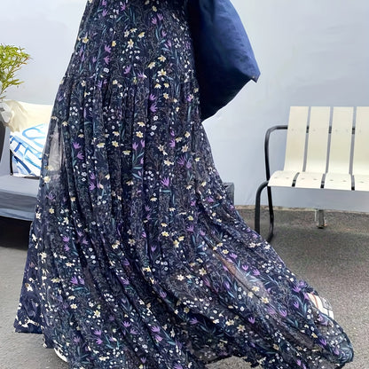 Elegant High-Waisted Floral Chiffon Midi Skirt, Loose And A-Line Chiffon Skirt