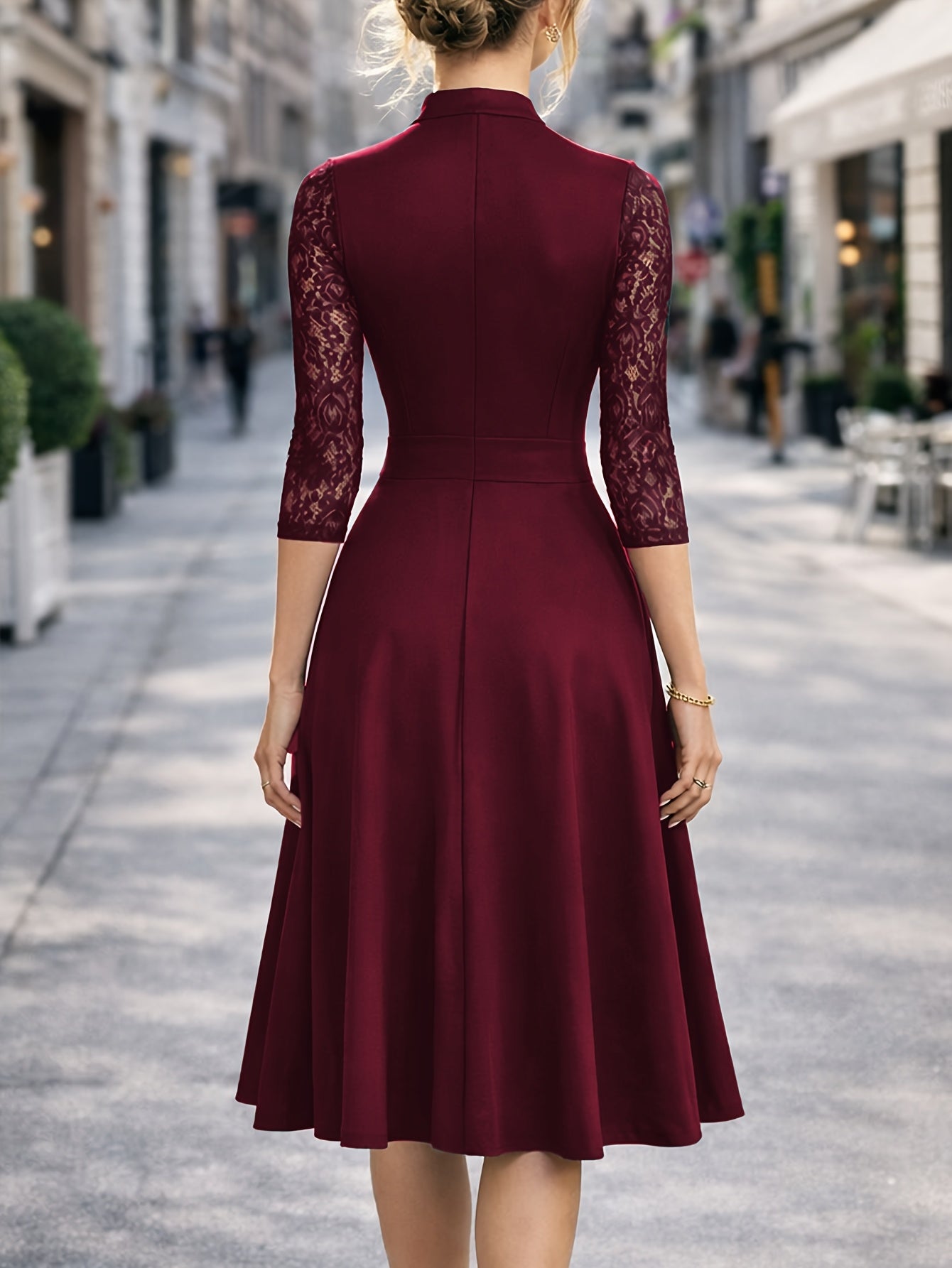 Women's Slim-fit Dress, Elegant Tailored Design, Suitable for Both Commuting and Parties, Long Sleeves with Lace Detailing, Waist-cinching Design, Mid-length for Autumn and Winter Workwear